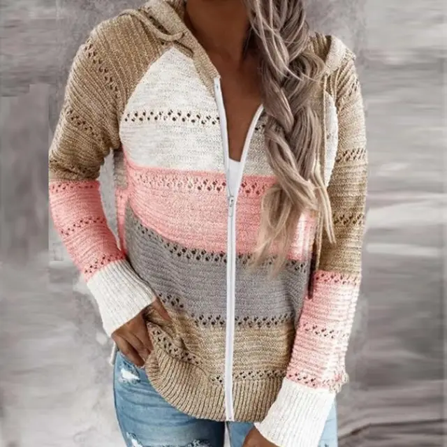 Sweaters Winter New Style Loose Striped Long Sleeved Wool Ladies Khaki Pink A - Shop at LoveMi