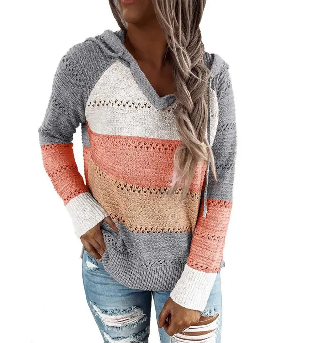 Sweaters Winter New Style Loose Striped Long Sleeved Wool Ladies Pink - Shop at LoveMi