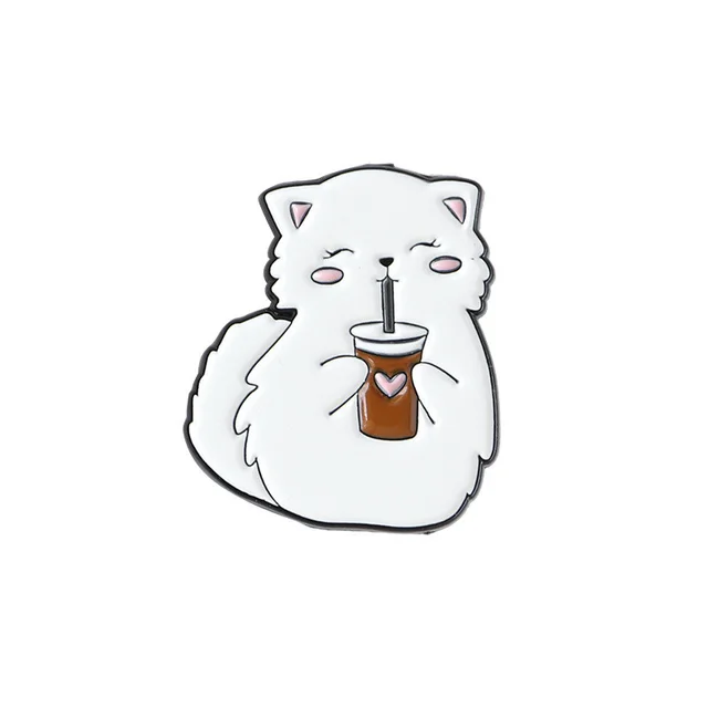 Cat Drinking Tea Brooch Cute Japanese Cartoon Creative Metal Badge Pin Decoration White - Shop at LoveMi