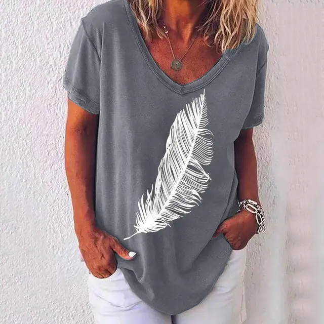 Short Sleeved V Neck Leaf Print Women's T Shirt Grey - Shop at LoveMi