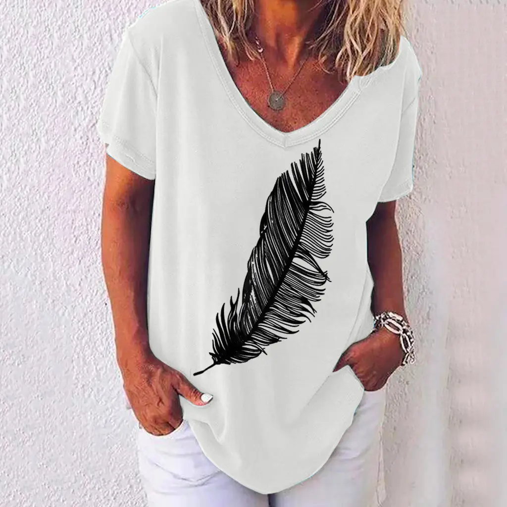 Short Sleeved V Neck Leaf Print Women's T Shirt - White