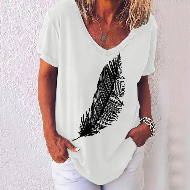 Short Sleeved V Neck Leaf Print Women's T Shirt White - Shop at LoveMi