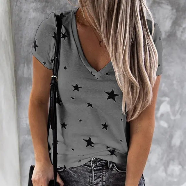V Neck Digital Printing Stars Short Sleeved T Shirt Top Women Grey - Shop at LoveMi