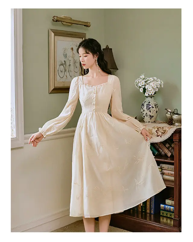 Waist Temperament Gentle Wind Puff Sleeve Lisianthus Dress Apricot - Shop at LoveMi