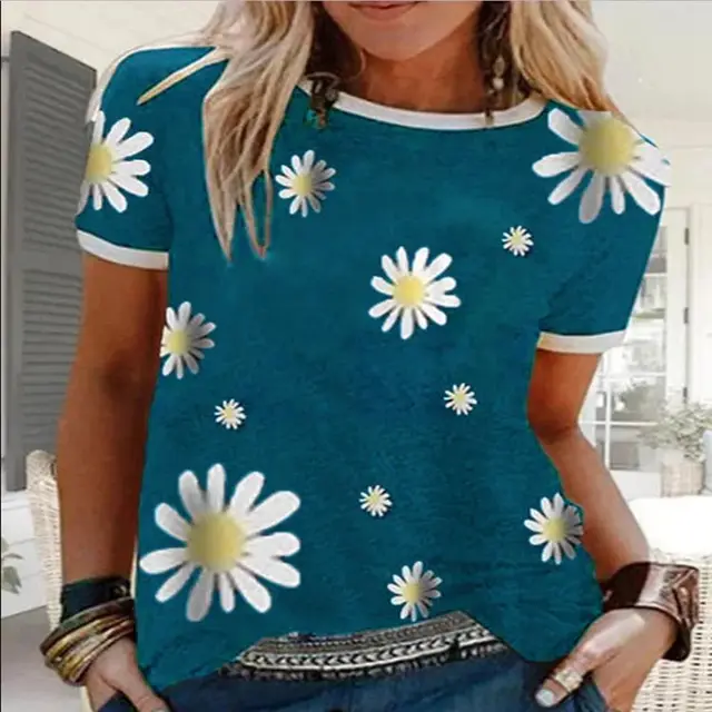 Women's Round Neck Loose Casual Printed Short Sleeved T Shirt Blue - Shop at LoveMi