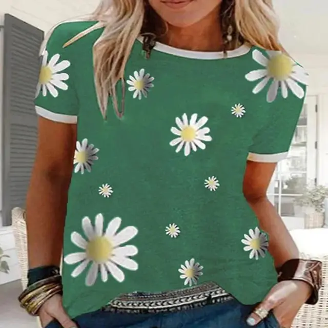 Women's Round Neck Loose Casual Printed Short Sleeved T Shirt Green - Shop at LoveMi