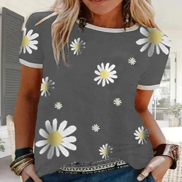 Women's Round Neck Loose Casual Printed Short Sleeved T Shirt Grey - Shop at LoveMi