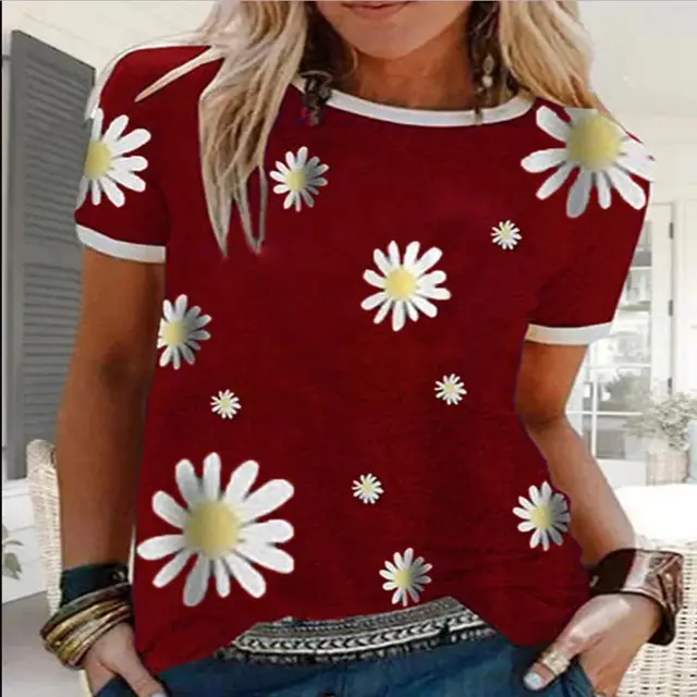 Women's Round Neck Loose Casual Printed Short Sleeved T Shirt Red - Shop at LoveMi