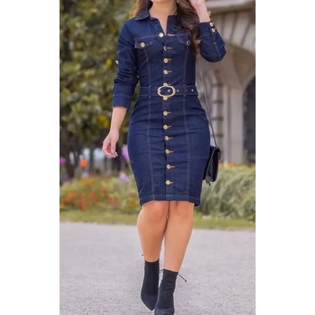 Long Slim Long Sleeve Denim Goddess Dress Blue - Shop at LoveMi