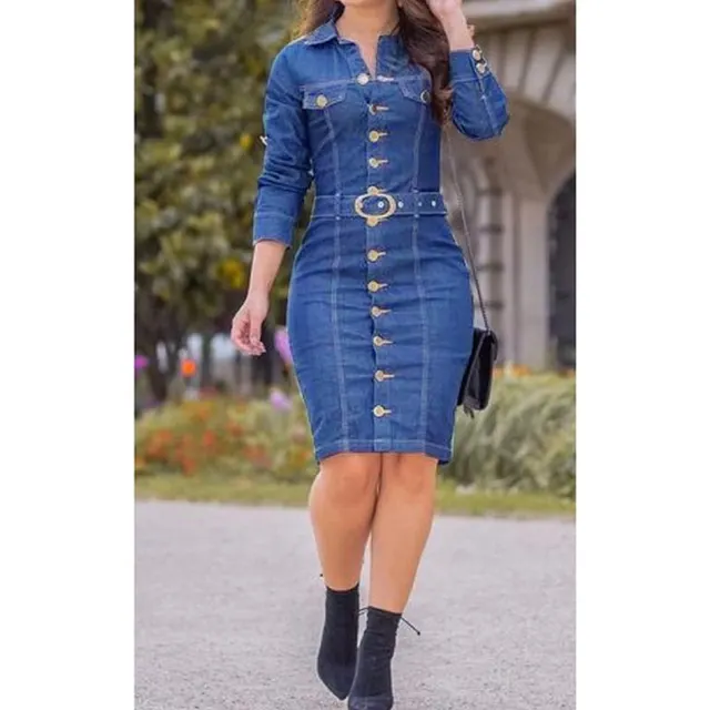 Long Slim Long Sleeve Denim Goddess Dress Light Blue - Shop at LoveMi