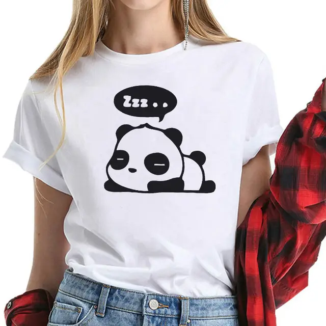 Sleeping Panda Pure Cotton Foreign Trade Short Sleeved T Shirt Women Women's Clothing European And American Printed T Shirt Women White - Shop at LoveMi