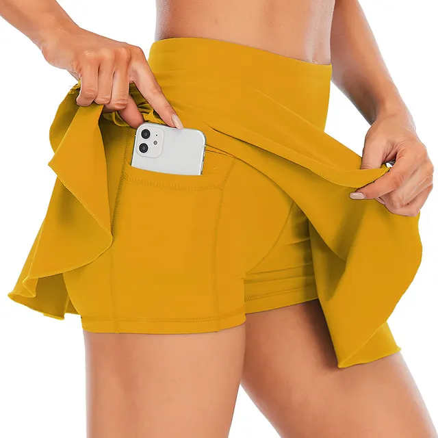 Fitness Yoga Short Skirt Sports Culottes Pleated Tennis Skirt Yellow - Shop at LoveMi