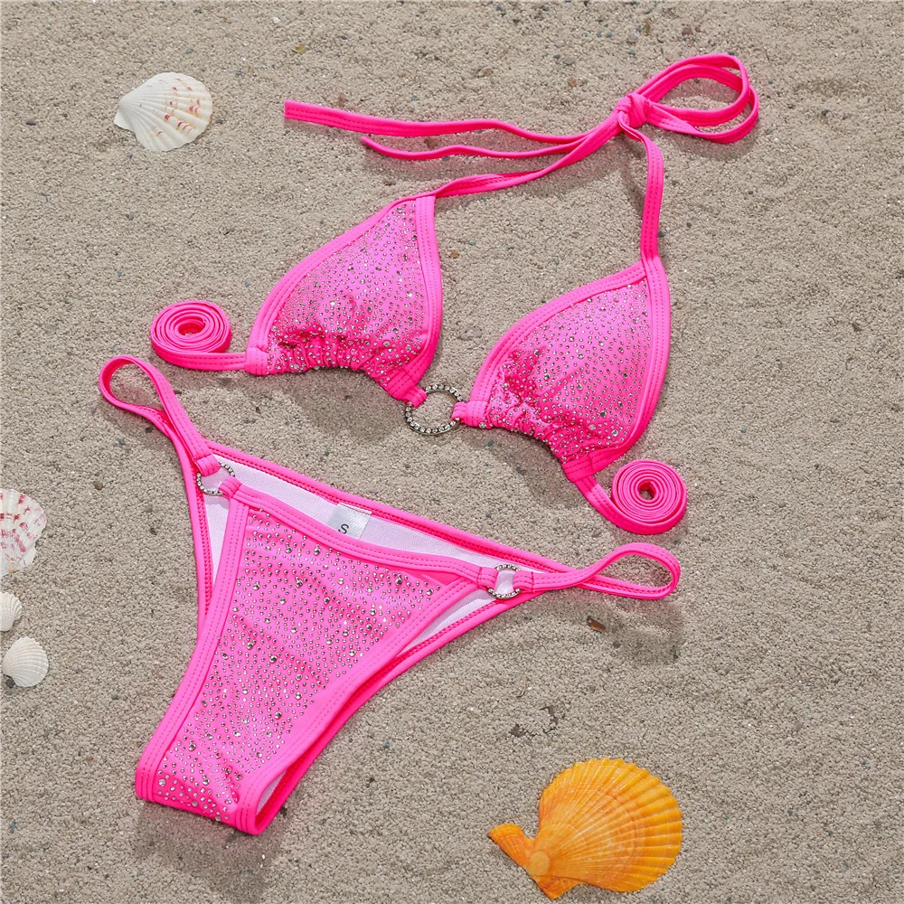 Sexy Lace up Bikini Diamond Swimsuit Split Swimsuit Pink - Shop at LoveMi