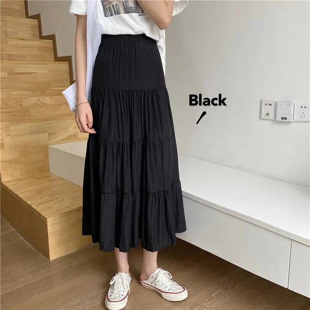 All match A line Cake Skirt Mid length Chiffon Skirt Black - Shop at LoveMi