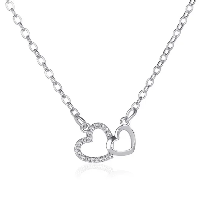 Love Necklace Temperament Double Peach Heart Pendant Clavicle Chain Silver - Shop at LoveMi