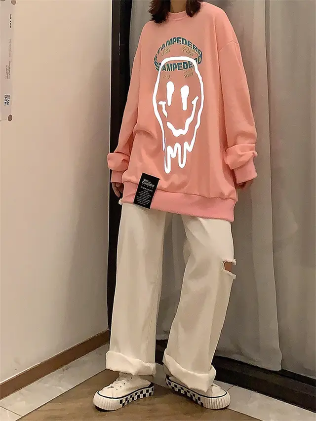 Super Fire Pullover Fashion Loose Korean Round Neck Hoodless Sweater Pink - Shop at LoveMi