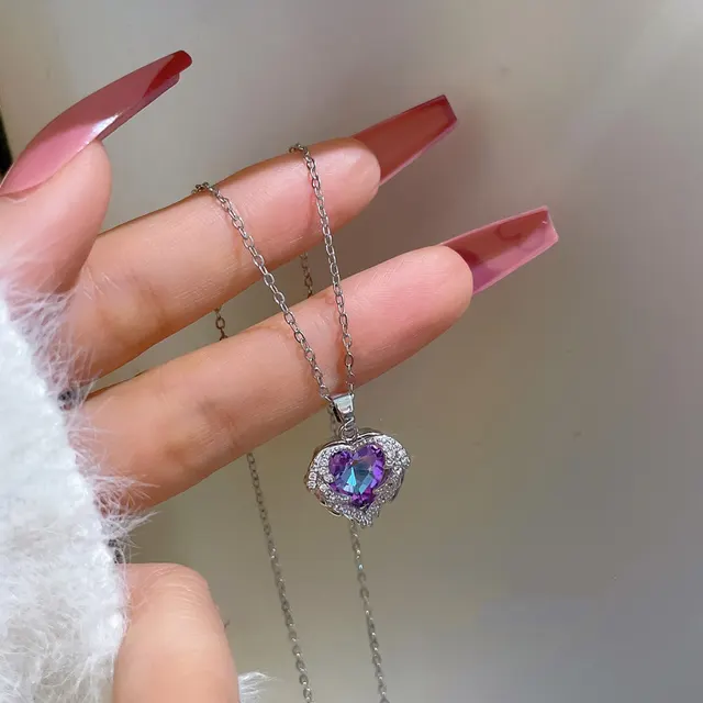 Ocean Heart Titanium Steel Necklace Female Ins Love Color Crystal Pendant 18k Gold Clavicle Chain Silver - Shop at LoveMi