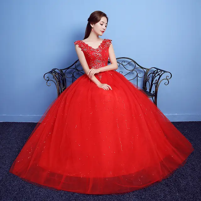Red Double Shoulder Diamond Lace Wedding Dress Red - Shop at LoveMi