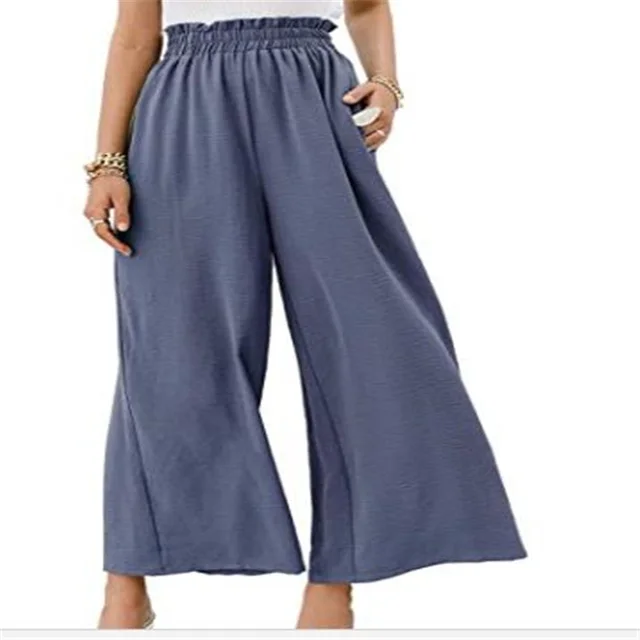 Pure Color High Waist Nine point Drape And Thin Wide leg Pants Blue - Shop at LoveMi