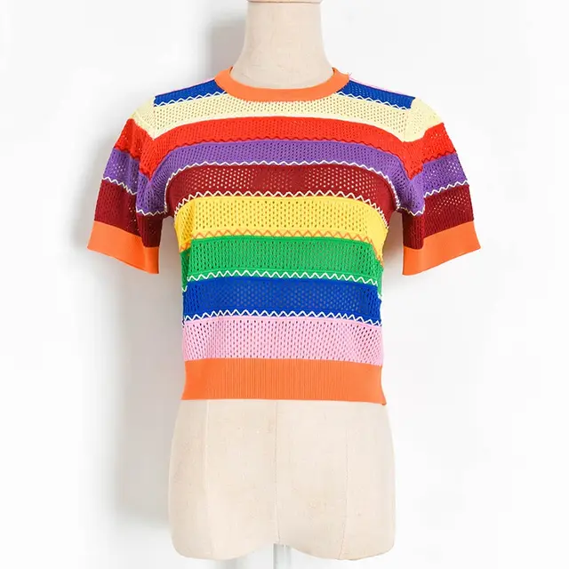 Contrasting Color Rainbow Stripe Cutout Thin Short sleeved Sweater, Bead Round Neck T shirt Women Rainbow - Shop at LoveMi