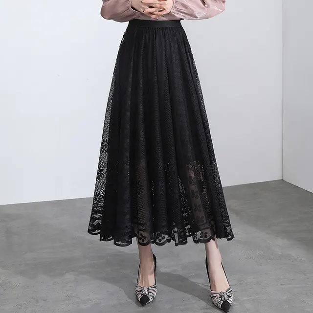 Hollow Lace Half Length Skirt Female Spring And Summer New A Line Mid Length Skirt Large Swing Net Yarn Fairy Pleated Skirt Mid Length Skirt Black - Shop at LoveMi