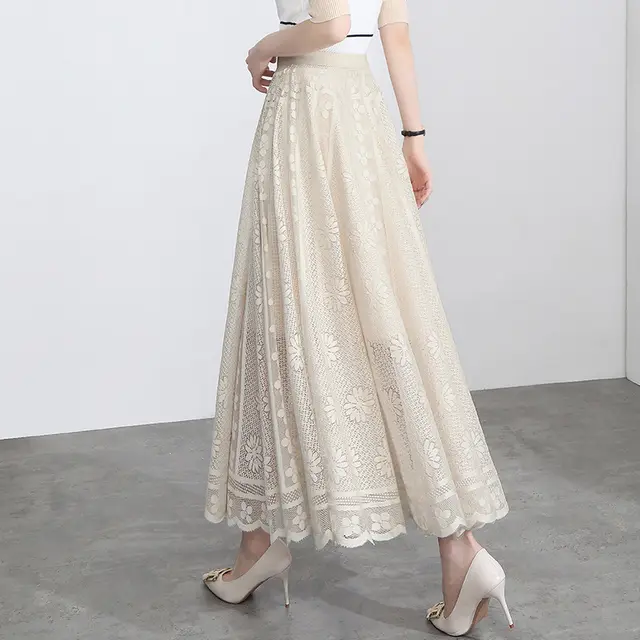 Hollow Lace Half Length Skirt Female Spring And Summer New A Line Mid Length Skirt Large Swing Net Yarn Fairy Pleated Skirt Mid Length Skirt Rice... Rice Apricot - Shop at LoveMi