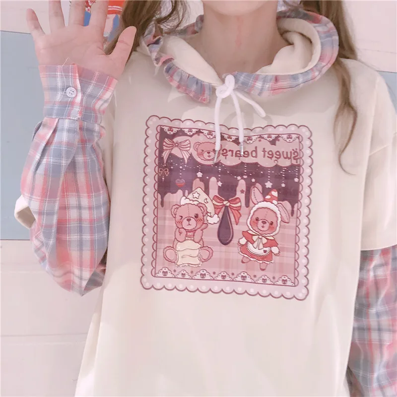 Student Loose Lace Hat Stitching Fake Two-Piece Sweater Women'S Autumn Small Fresh Japanese - Apricot