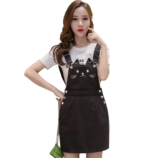 Embroidered Kitten Denim Jumpsuit Dress New Style Sling Bag Hip Skirt Black - Shop at LoveMi