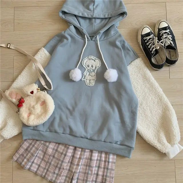 Autumn Kawaii Lolita Women Hooded Sweatshirt Solid Lamb Embroidery Patchwork Fleece Long Sleeve Hoodies Pullover Velvet Moletom Light Blue - Shop at LoveMi