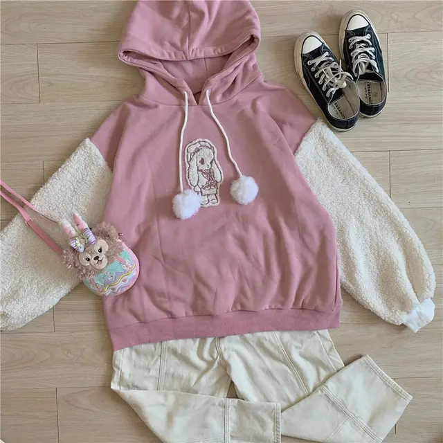 Autumn Kawaii Lolita Women Hooded Sweatshirt Solid Lamb Embroidery Patchwork Fleece Long Sleeve Hoodies Pullover Velvet Moletom Pink - Shop at LoveMi