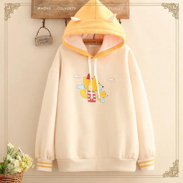 Mori Girl 19 Autumn And Winter Clothes Student Childlike Fox Cloud Color Matching Hooded Plus Velvet Warm Sweater Girl Color Matching Hoodie Outsid... Cream Color - Shop at LoveMi