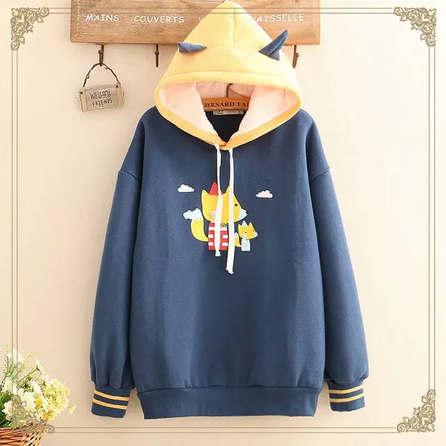 Mori Girl 19 Autumn And Winter Clothes Student Childlike Fox Cloud Color Matching Hooded Plus Velvet Warm Sweater Girl Color Matching Hoodie Outsid... Navy - Shop at LoveMi
