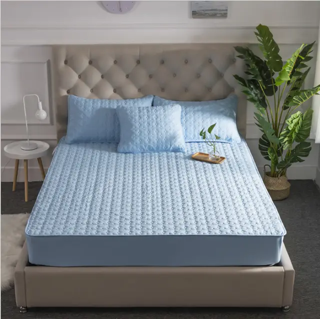 Solid Color Bed Sheet One piece Cotton Bedspread Quilted Non slip Mattress Cover Thick Simmons Protective Cover Blue - Shop at LoveMi