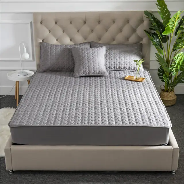 Solid Color Bed Sheet One piece Cotton Bedspread Quilted Non slip Mattress Cover Thick Simmons Protective Cover Gray - Shop at LoveMi