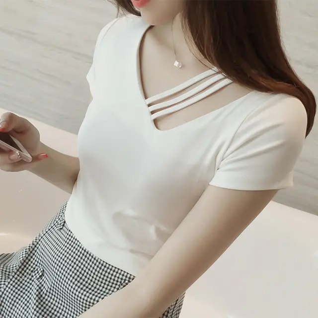 Short Sleeved T shirt Women Summer Korean Version Of The New Women's Ins Student V Neck Top Women's Clothing White - Shop at LoveMi