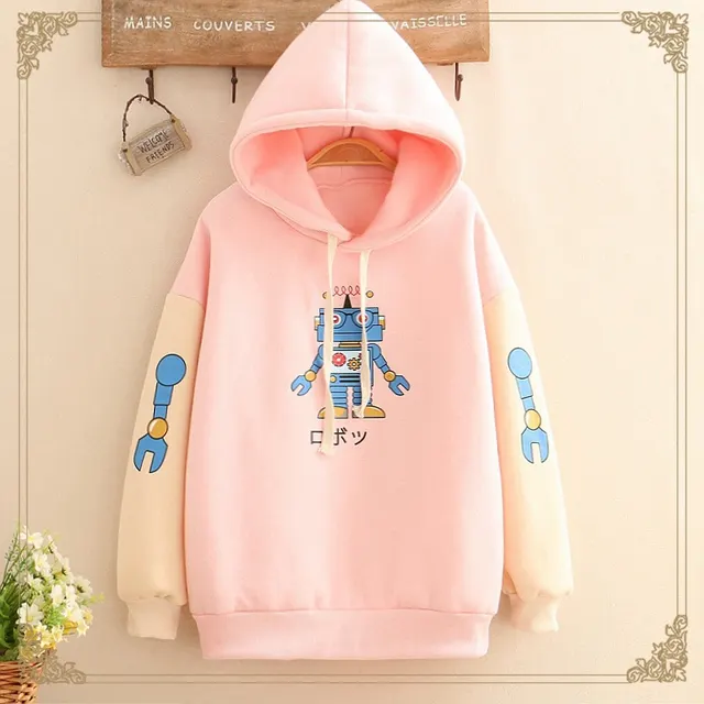 Mori Girl Cartoon Robot Print Color blocking Plus Velvet Sweater Pink - Shop at LoveMi