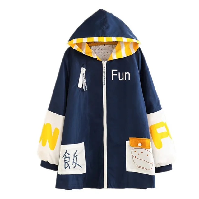 Autumn NewStyle Japanese Childlike Meal Printing Pocket Color MatchingLetters Loose Hooded Jacket Windbreaker Women Navy - Shop at LoveMi