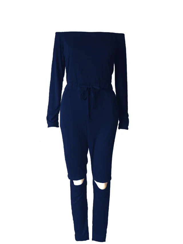 One Line Collar Oblique Shoulder Jumpsuit Feminine Sense Of Ripped Leggings Navy Blue - Shop at LoveMi