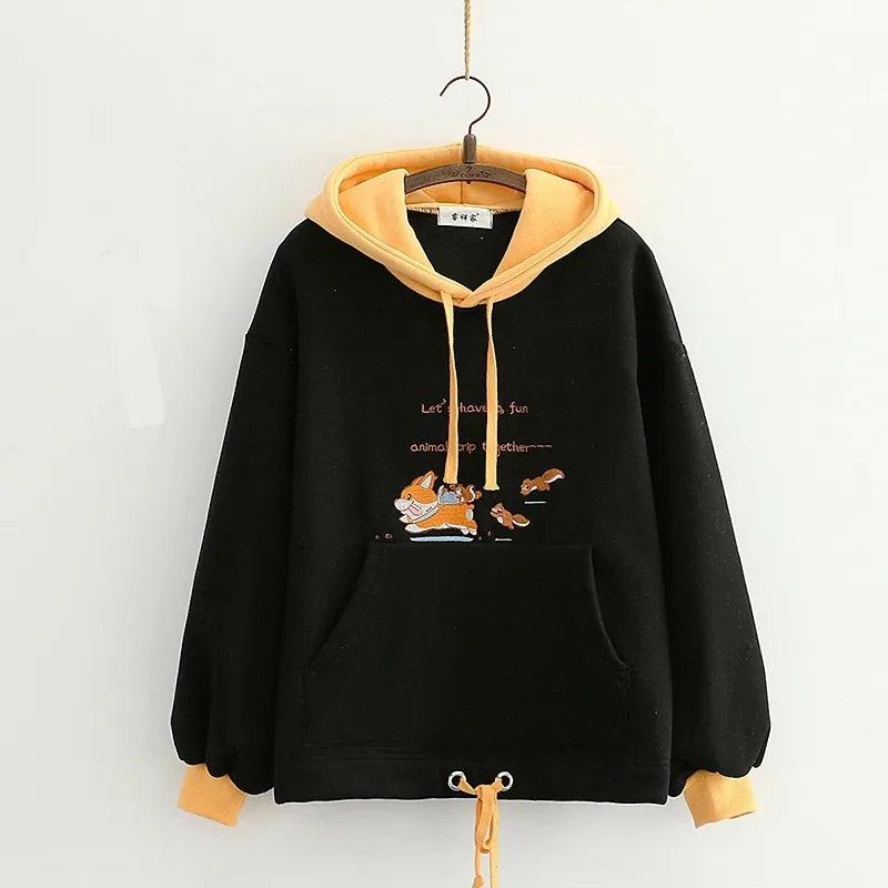 Small Fresh And Sweet Cartoon Naughty Dog Embroidery Thick Sweater Hooded Sweater - Black