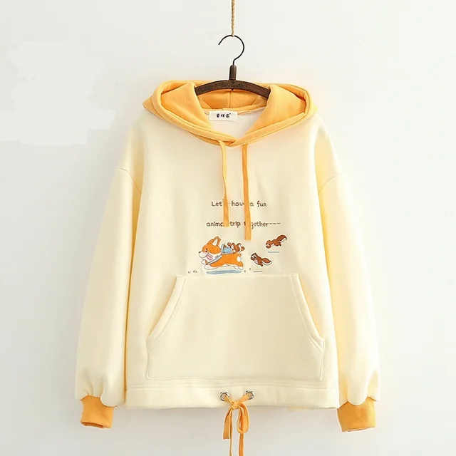 Small Fresh And Sweet Cartoon Naughty Dog Embroidery Thick Sweater Hooded Sweater Khaki - Shop at LoveMi