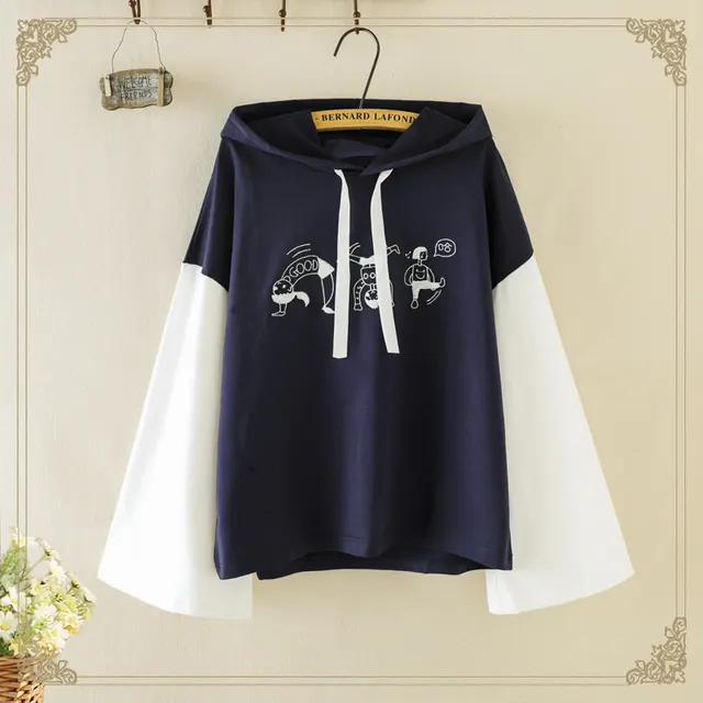 Merry Pretty Women Cartoon Embroidery Hooded Sweatshirts Winter Long Sleeve Drawstring Patchwork Hoodies Femme Pullovers Navy - Shop at LoveMi