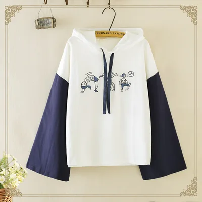Merry Pretty Women Cartoon Embroidery Hooded Sweatshirts Winter Long Sleeve Drawstring Patchwork Hoodies Femme Pullovers White - Shop at LoveMi