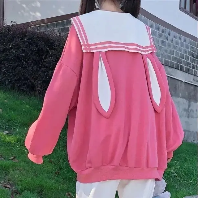 Girl Student Korean Style Loose Rabbit Ears Navy Collar Sweater And Two Piece Slacks Pink Sweater Plus Velvet - Shop at LoveMi