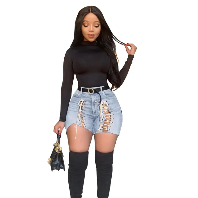 Foreign Trade Cross Border Express European And American Women'S Fashion Personalized Strapping Jeans Shorts Wathet - Shop at LoveMi