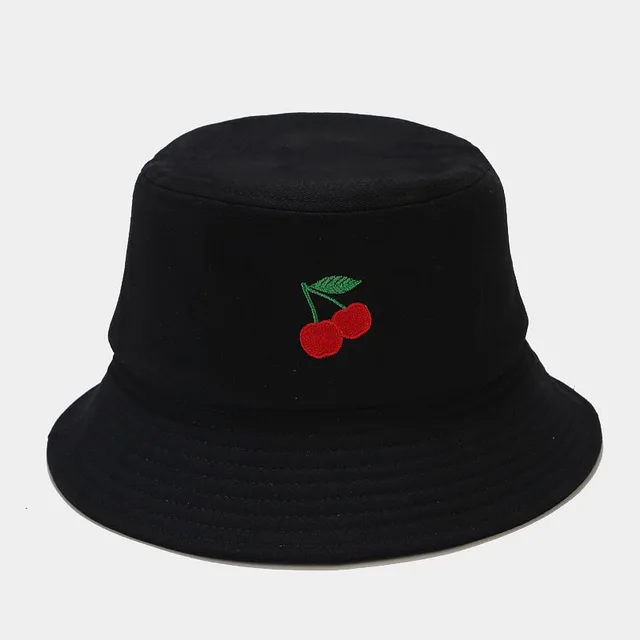 New Fruit Pattern Embroidery Fisherman Hat Women Black - Shop at LoveMi