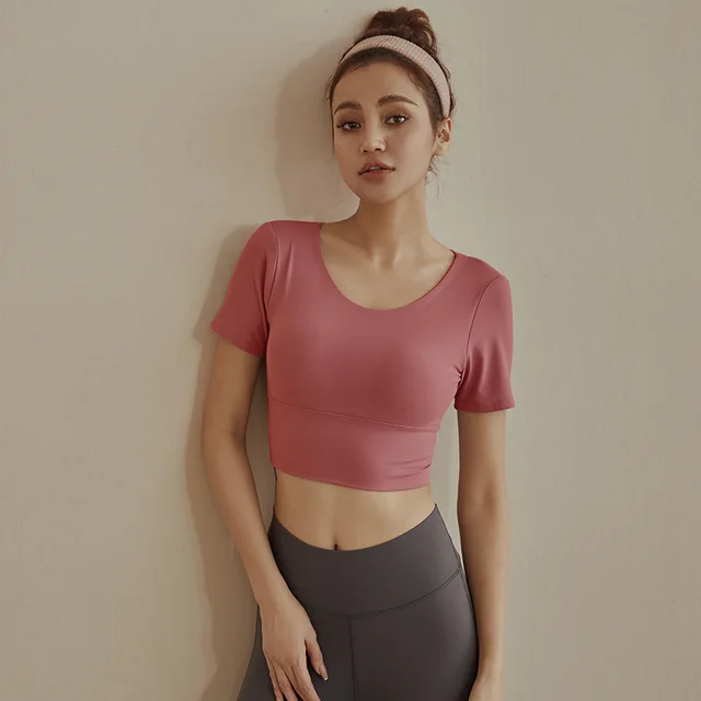 Summer Short sleeved Suit Sports Pilates Clothes Beautiful Back Fairy Net Red Fitness Clothes Brick Red - Shop at LoveMi