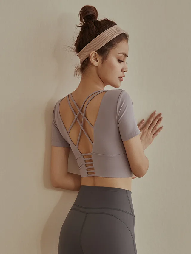 Summer Short sleeved Suit Sports Pilates Clothes Beautiful Back Fairy Net Red Fitness Clothes Gray Purple - Shop at LoveMi