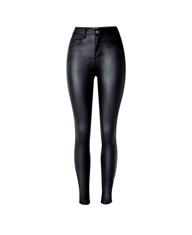 European And American Women's High Waist Slim Fit Stretch Coated Imitation Leather Pants Denim Feet Pants PU Pocket Motorcycle Models All Match Lar... Black - Shop at LoveMi