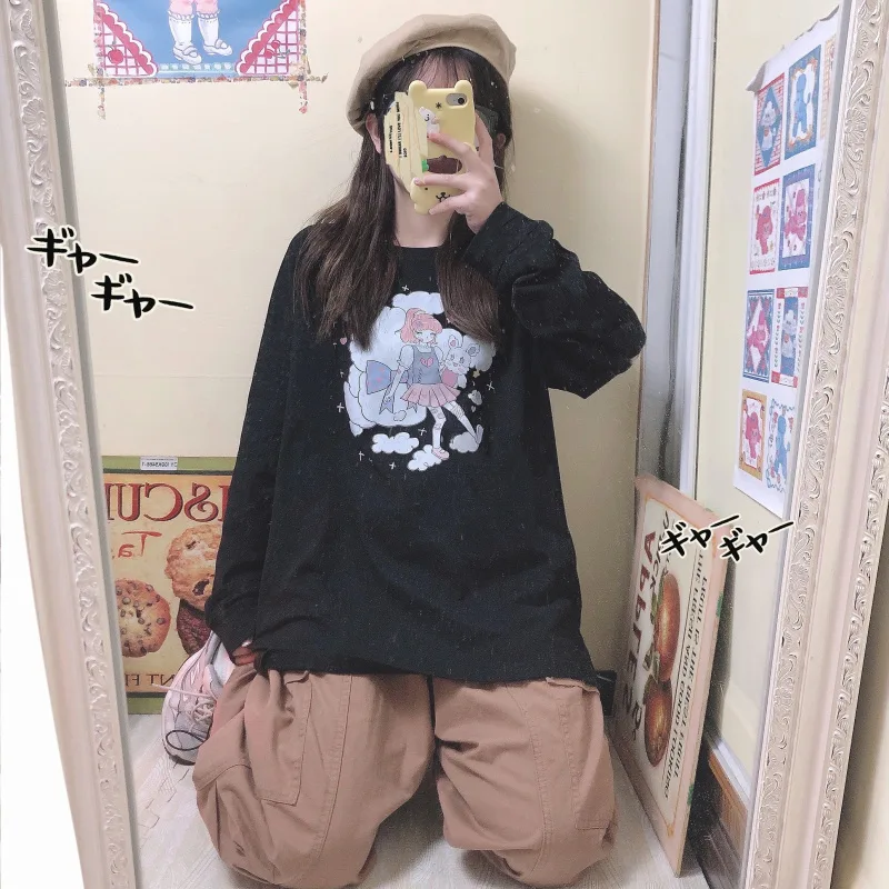 Cute Printed Cotton White T-Shirt Women - Black