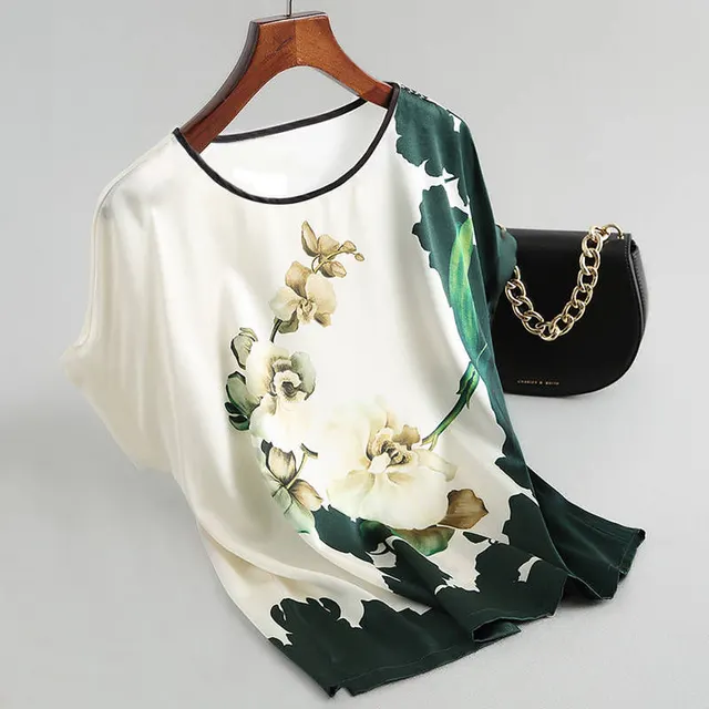 Fashion Floral Print Shirt Silk Satin Plus Size Bat Sleeve Retro Casual Short sleeved Top Green - Shop at LoveMi